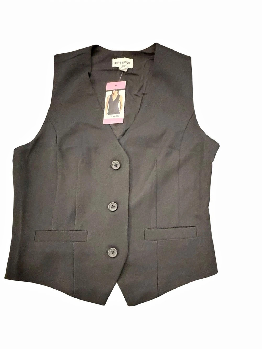 Steve Madden Black Vest Women Small Sleeveless Button Front Tailored Preppy NEW